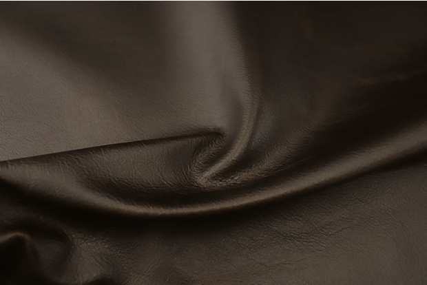 Close up of espresso brown distressed, full grain upholstery leather
