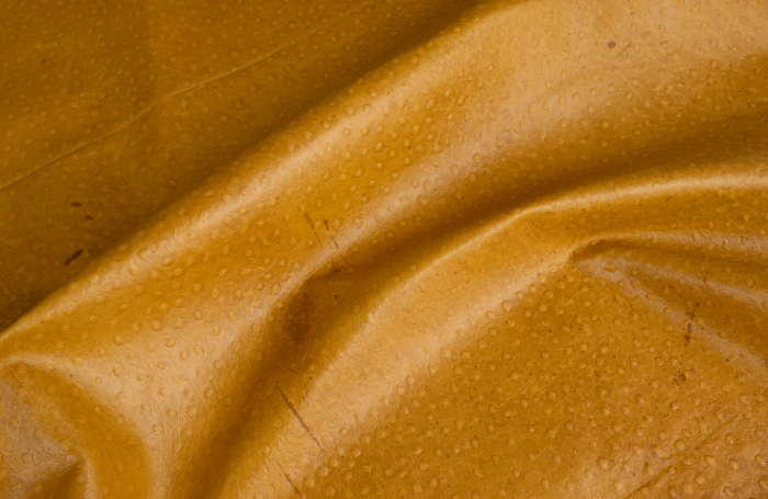 Close up of golden camel color ostrich print embossed upholstery leather